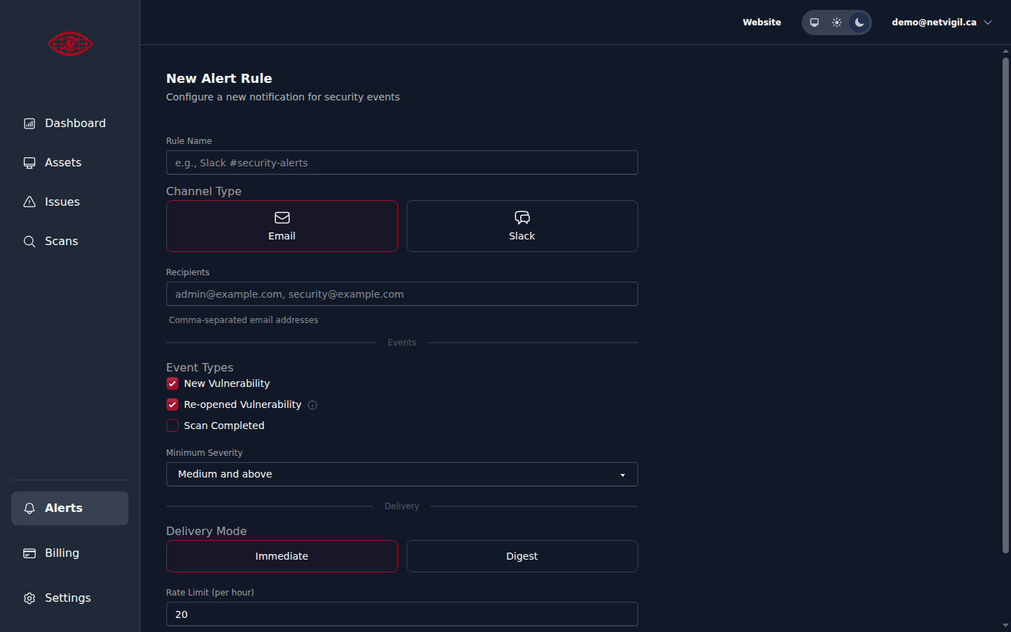 Create alert rule form showing event types, severity threshold, and delivery options