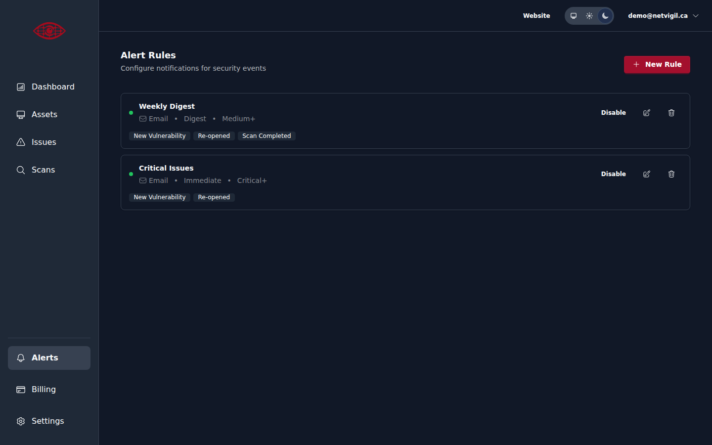 Alert rules list showing configured rules with enable/disable and edit actions