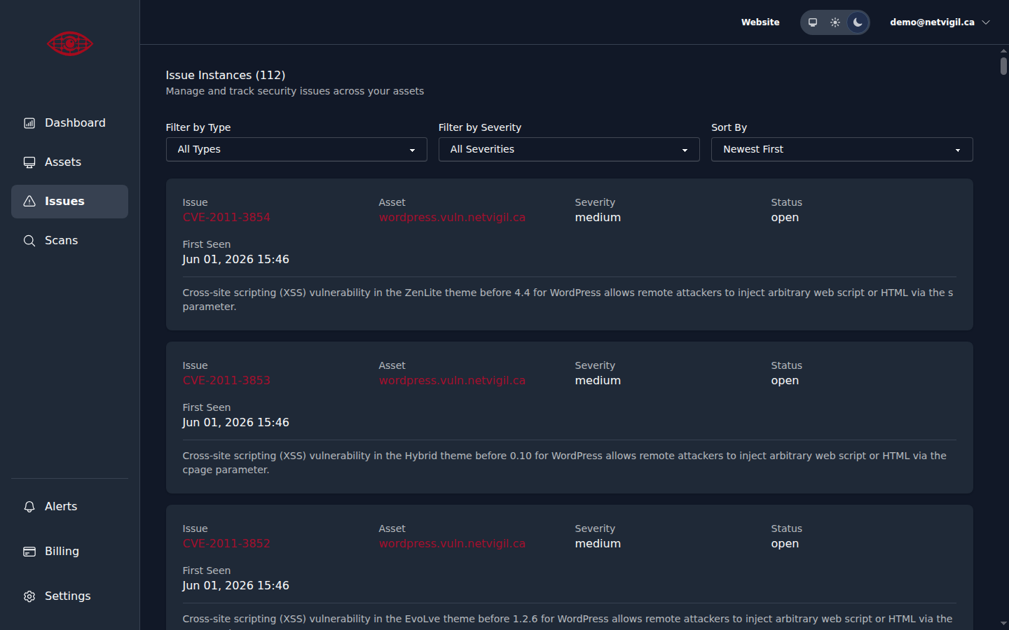 Issues page showing discovered vulnerabilities with severity ratings
